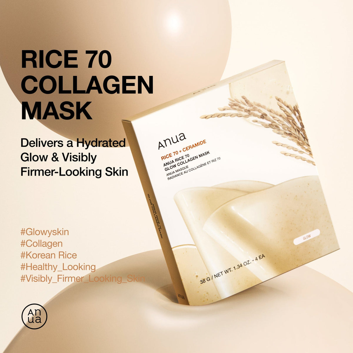 Official Anua Rice 70 Glow Collagen Mask benefit overview with 4-sheet package
