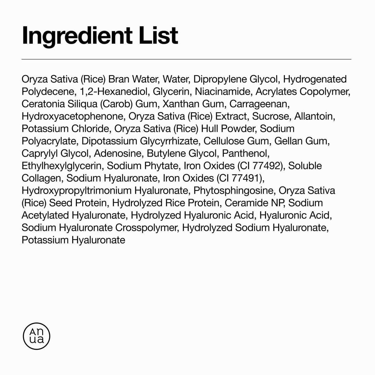 Official Anua Rice 70 Glow Collagen Mask full ingredient list