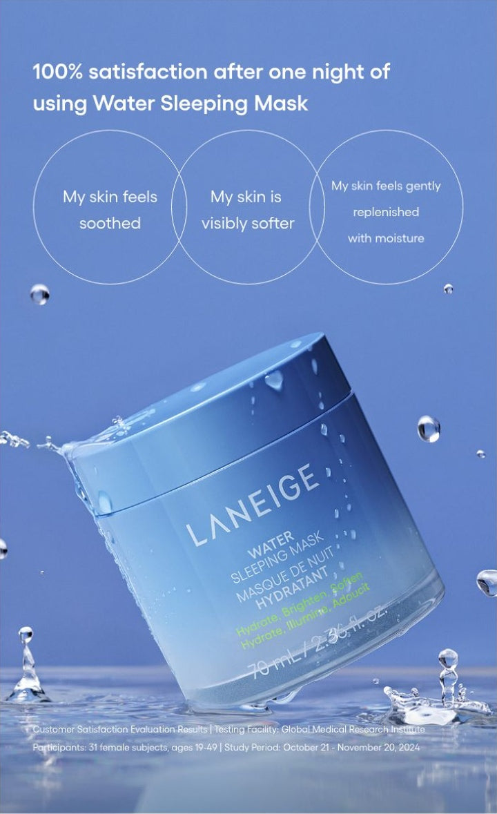LANEIGE Water Sleeping Mask: One-night soothing, softness and moisture satisfaction with complete study footnote