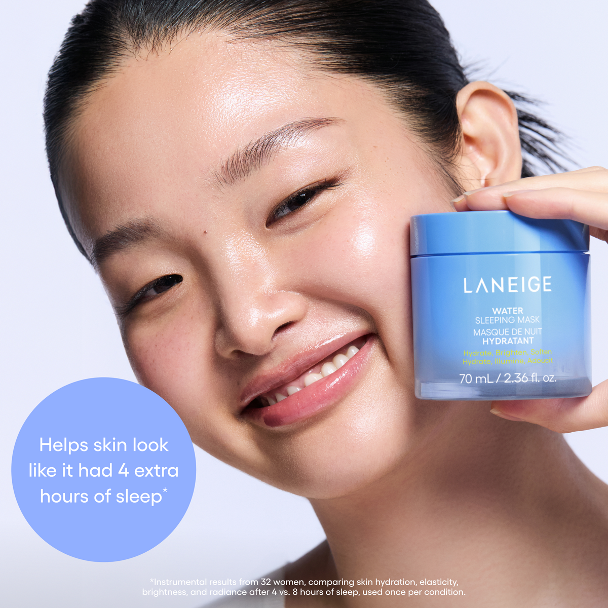 LANEIGE Water Sleeping Mask: Skin appearance after four versus eight hours of sleep, with full instrumental-test qualifier