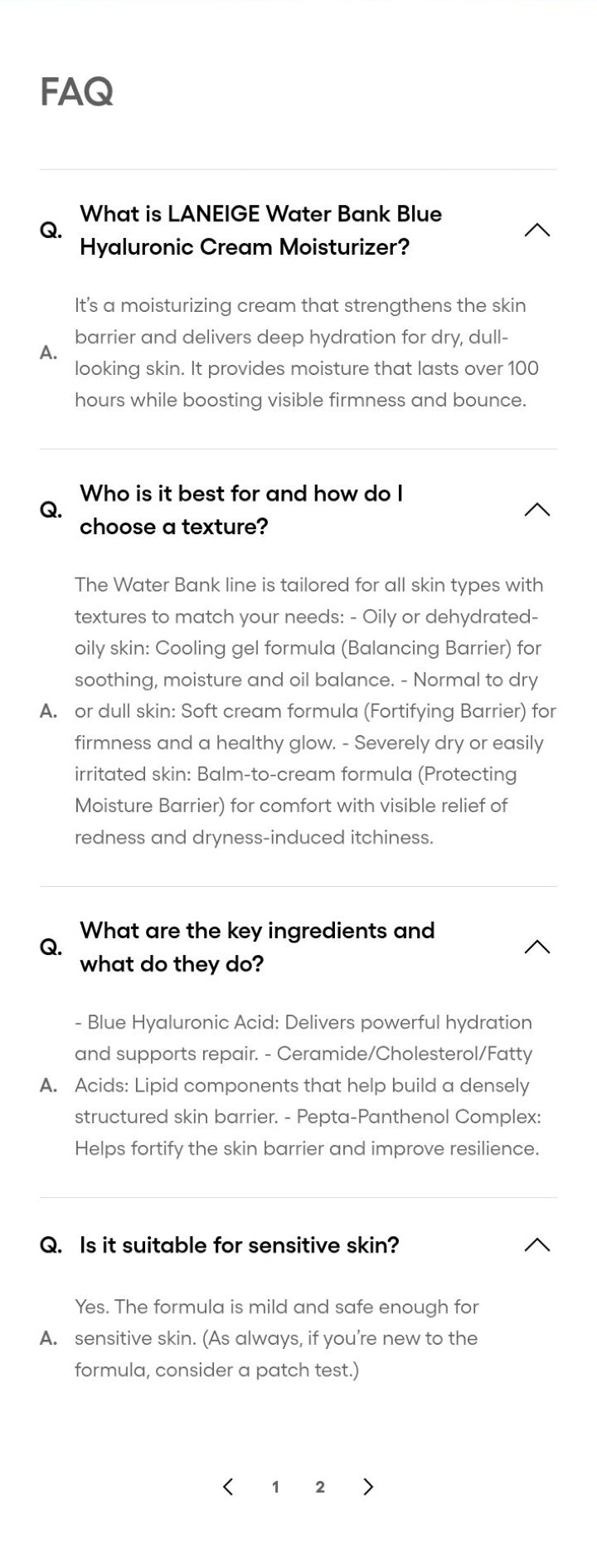 LANEIGE Water Bank Pepta-Panthenol Cream Moisturizer official information: Expanded manufacturer FAQ page 1