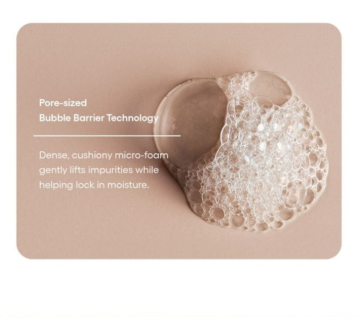 LANEIGE Balance Mode Rice Foaming Deep Cleanser official panel: Pore-sized Bubble Barrier Technology Dense, cushiony micro-foam gently lifts impurities while helping lock in moisture.