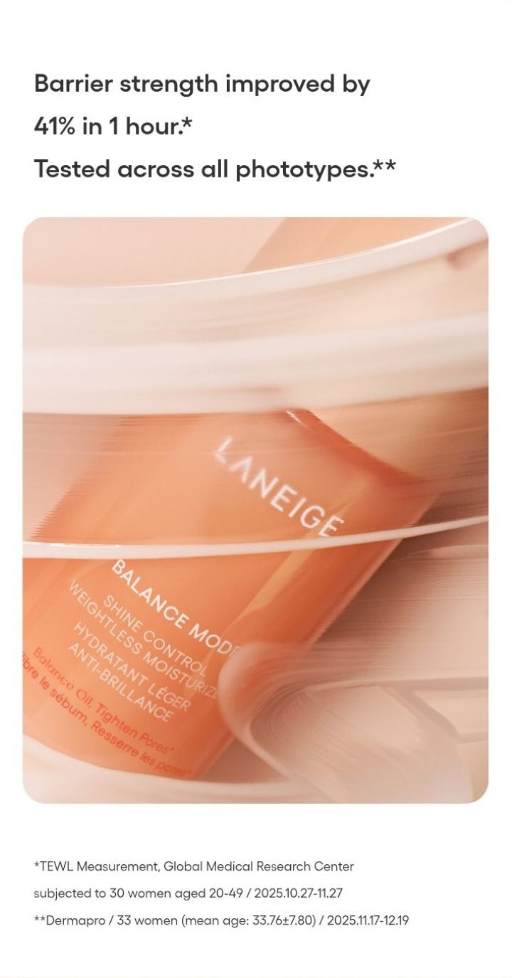 LANEIGE Balance Mode Shine Control Weightless Moisturizer official panel: Barrier strength improved by 41% in 1 hour.* Tested across all phototypes.** *TEWL Measurement, Global Medical Research Center subjected to 30 women aged 20-49 / 2025.10.27-11.27 **Dermapro / 33 women (mean age: 33.76±7.80) / 2025.11.17-12.19