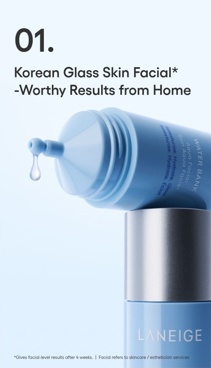 LANEIGE Water Bank Aqua Facial official information panel: Point 1: Korean glass skin facial-worthy results at home