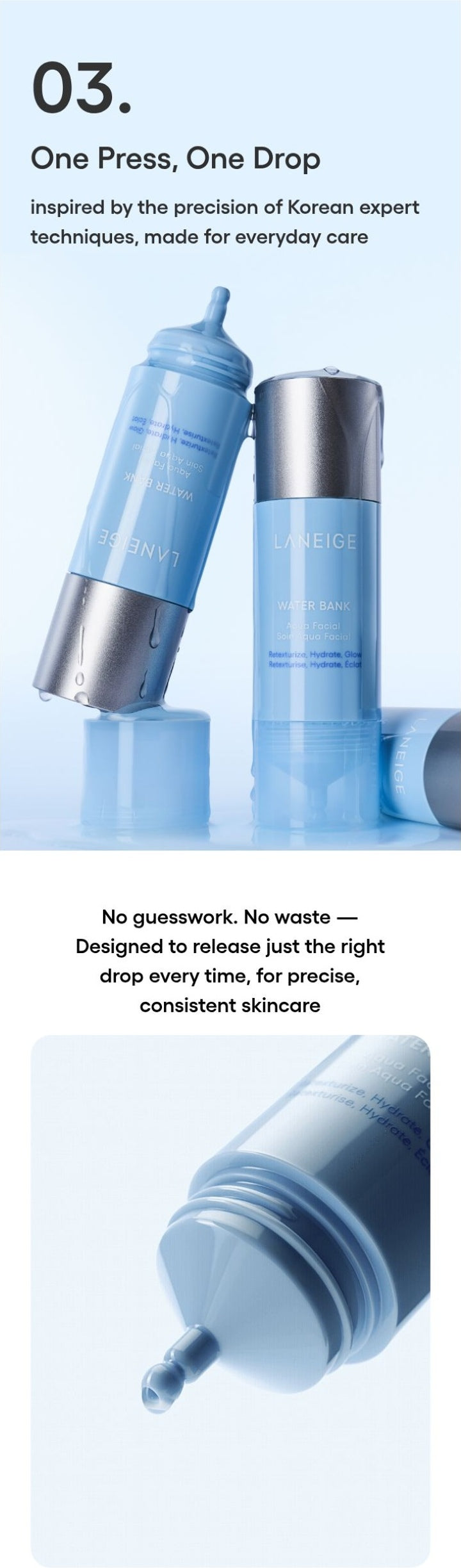 LANEIGE Water Bank Aqua Facial official information panel: Point 3: one-press one-drop dispenser
