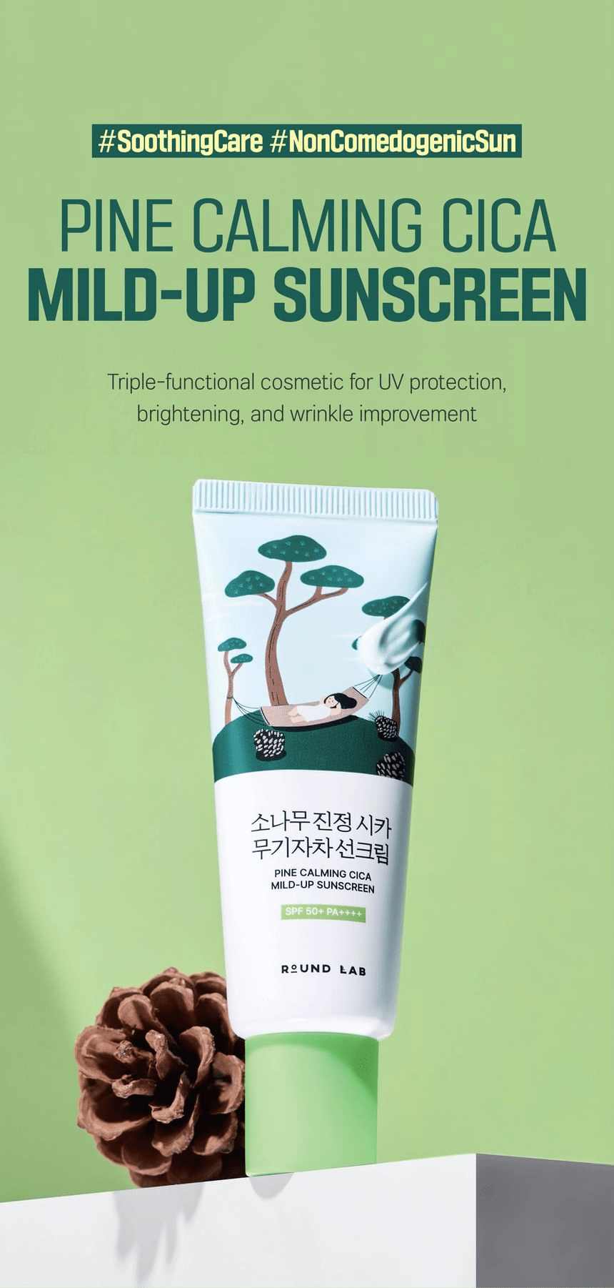 ROUND LAB Pine Calming Cica Mild-Up Sunscreen 40ml: product overview original product information panel