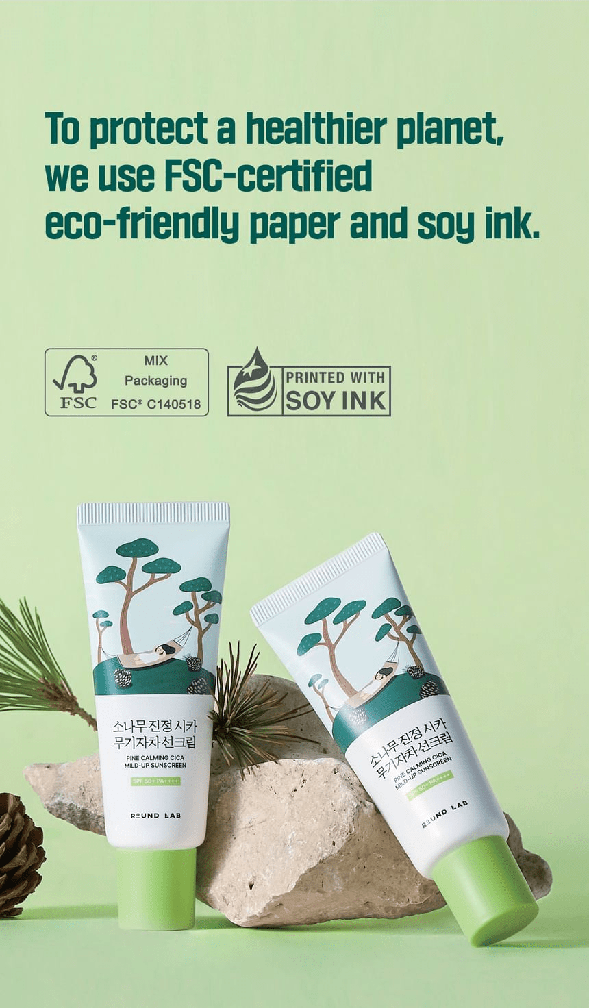 ROUND LAB Pine Calming Cica Mild-Up Sunscreen 40ml: packaging original product information panel