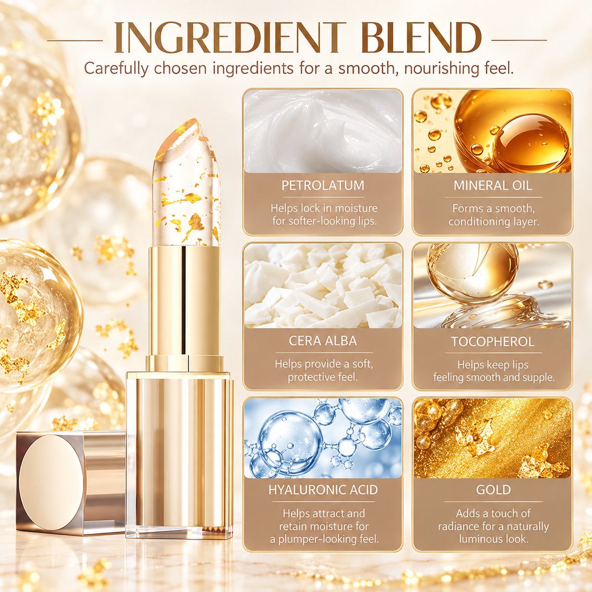 Transferproof Color-Changing Lipstick & Lip Tint with Gold Flakes