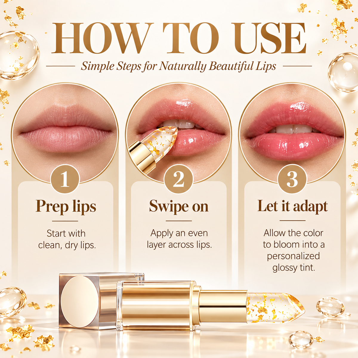 Transferproof Color-Changing Lipstick & Lip Tint with Gold Flakes