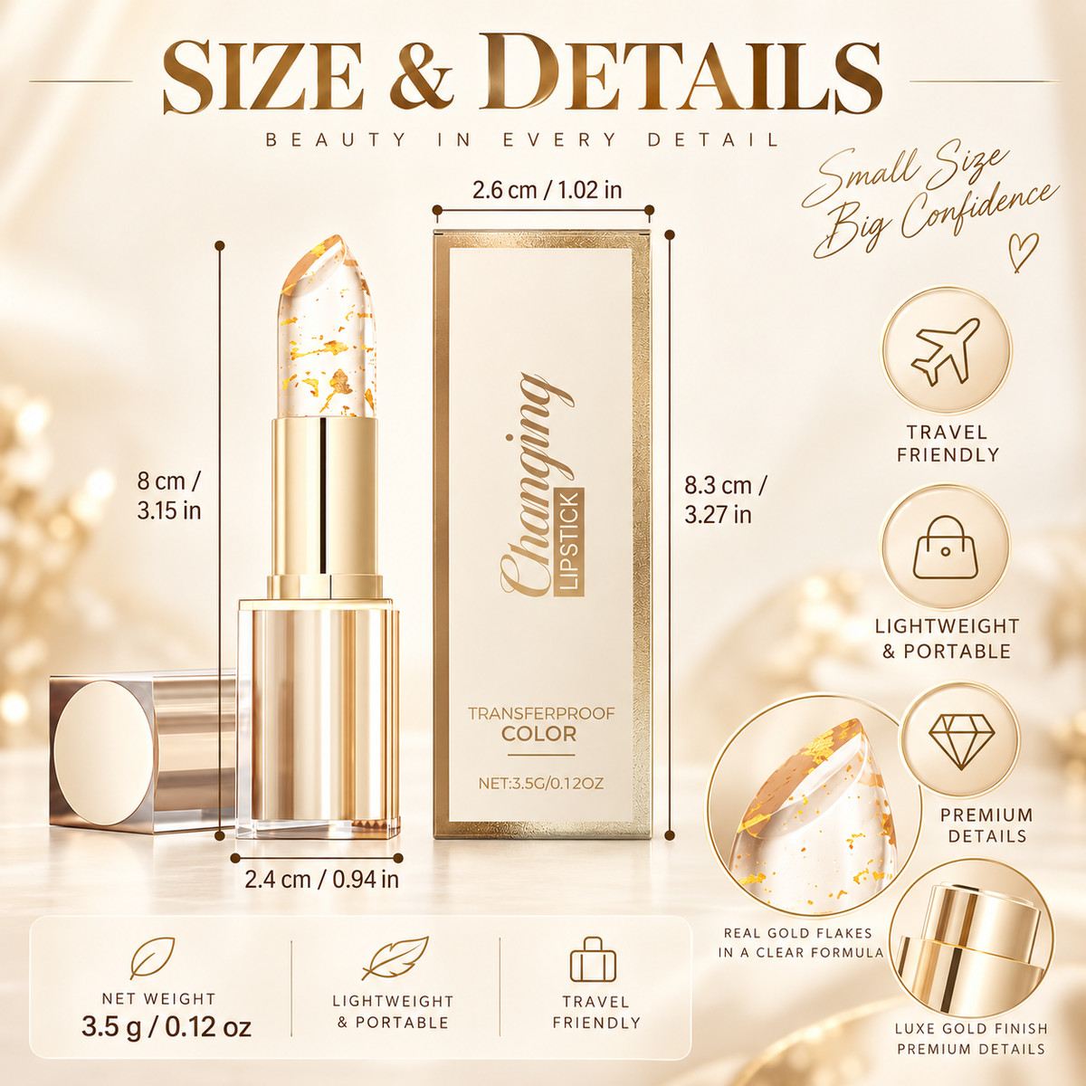 Transferproof Color-Changing Lipstick & Lip Tint with Gold Flakes