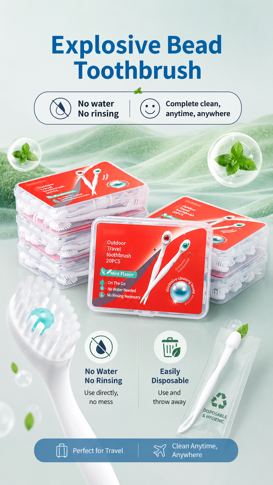 5-in-1 Disposable Travel Toothbrushes with Mint Beads