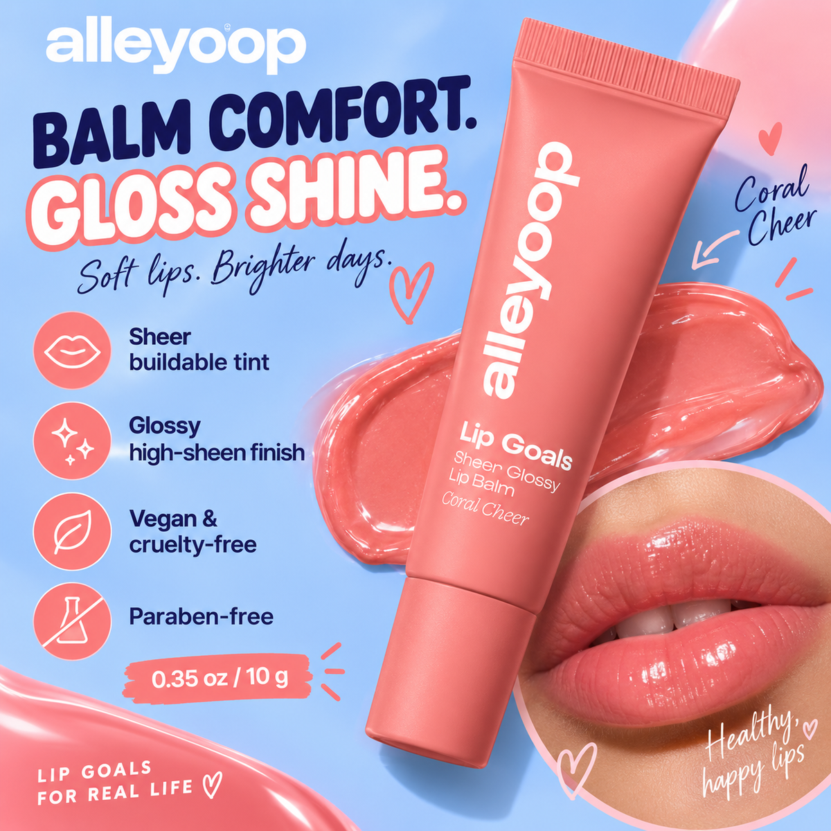 Alleyoop Lip Goals glossy balm product details infographic