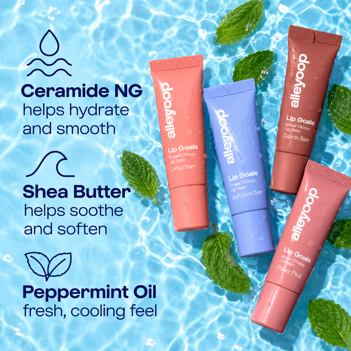 Alleyoop Lip Goals ceramide shea butter peppermint oil infographic