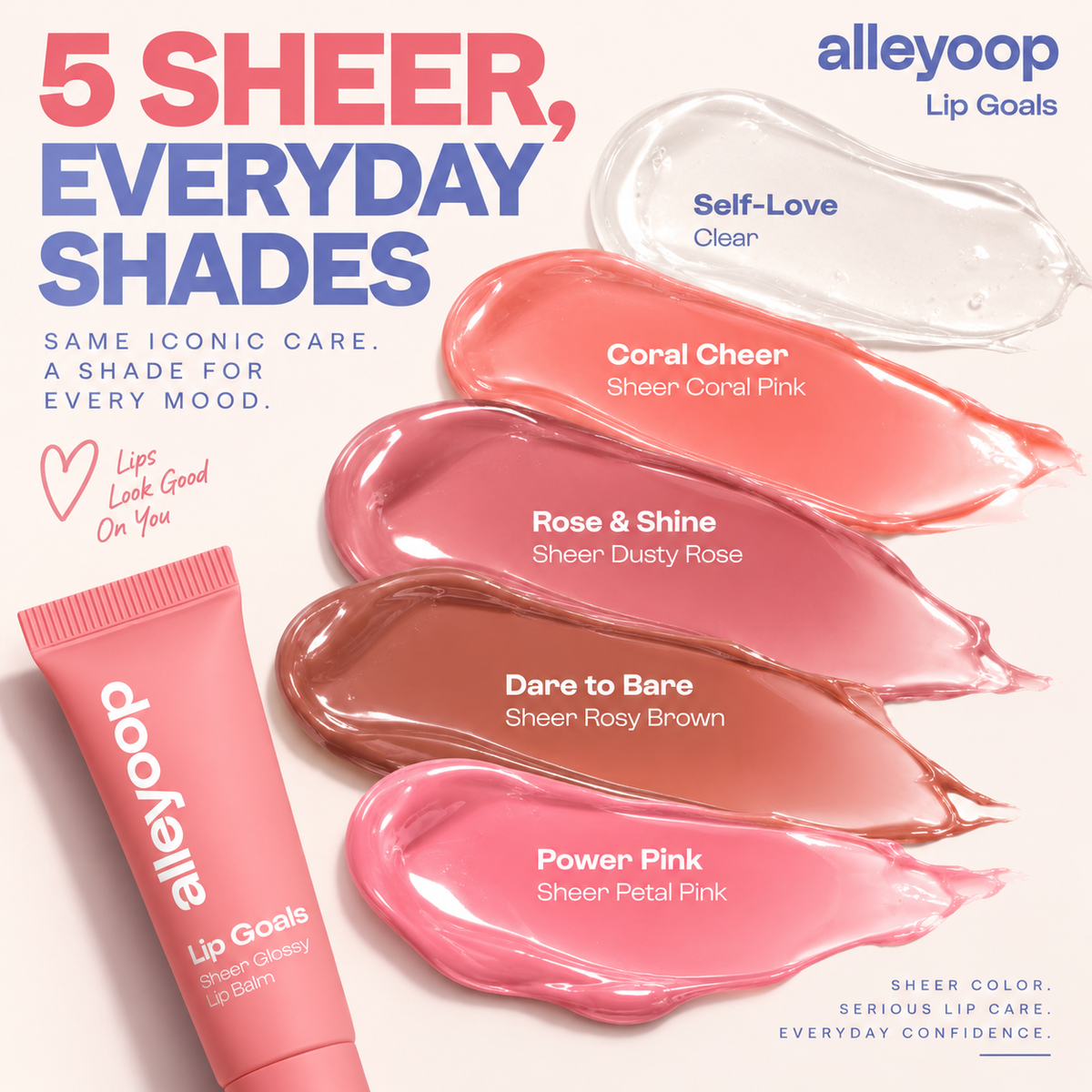 Alleyoop Lip Goals five sheer shades infographic
