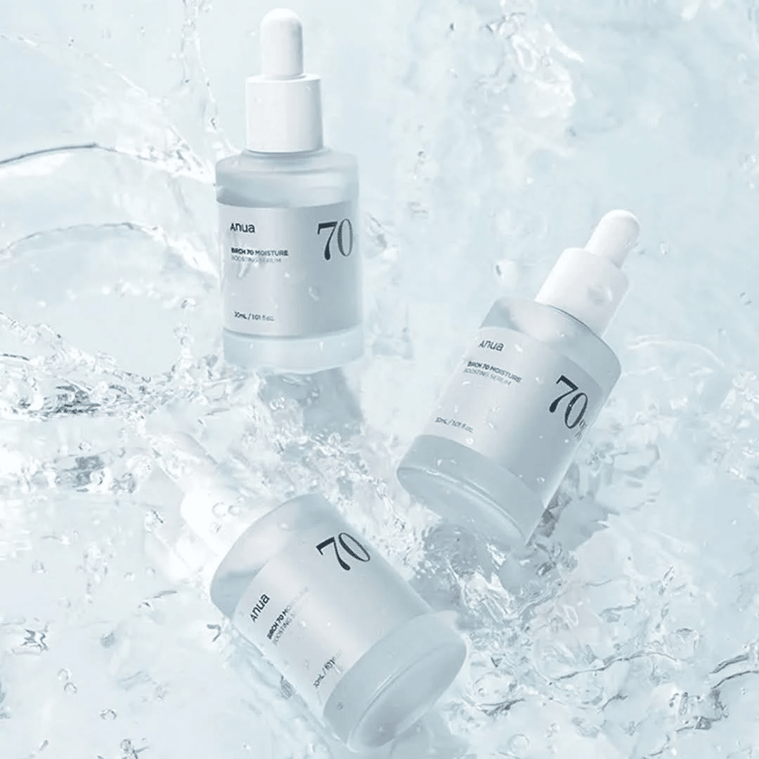 Anua Birch 70 Moisture Boosting Serum bottles in water; listing includes one 30 mL bottle