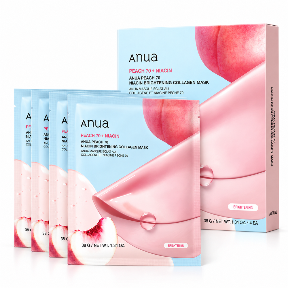Anua Peach 70 Niacin Brightening Collagen Mask four 38 g sachets with outer box