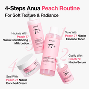 Anua Peach skincare routine; only one 150 ml conditioning milk is included, other products sold separately