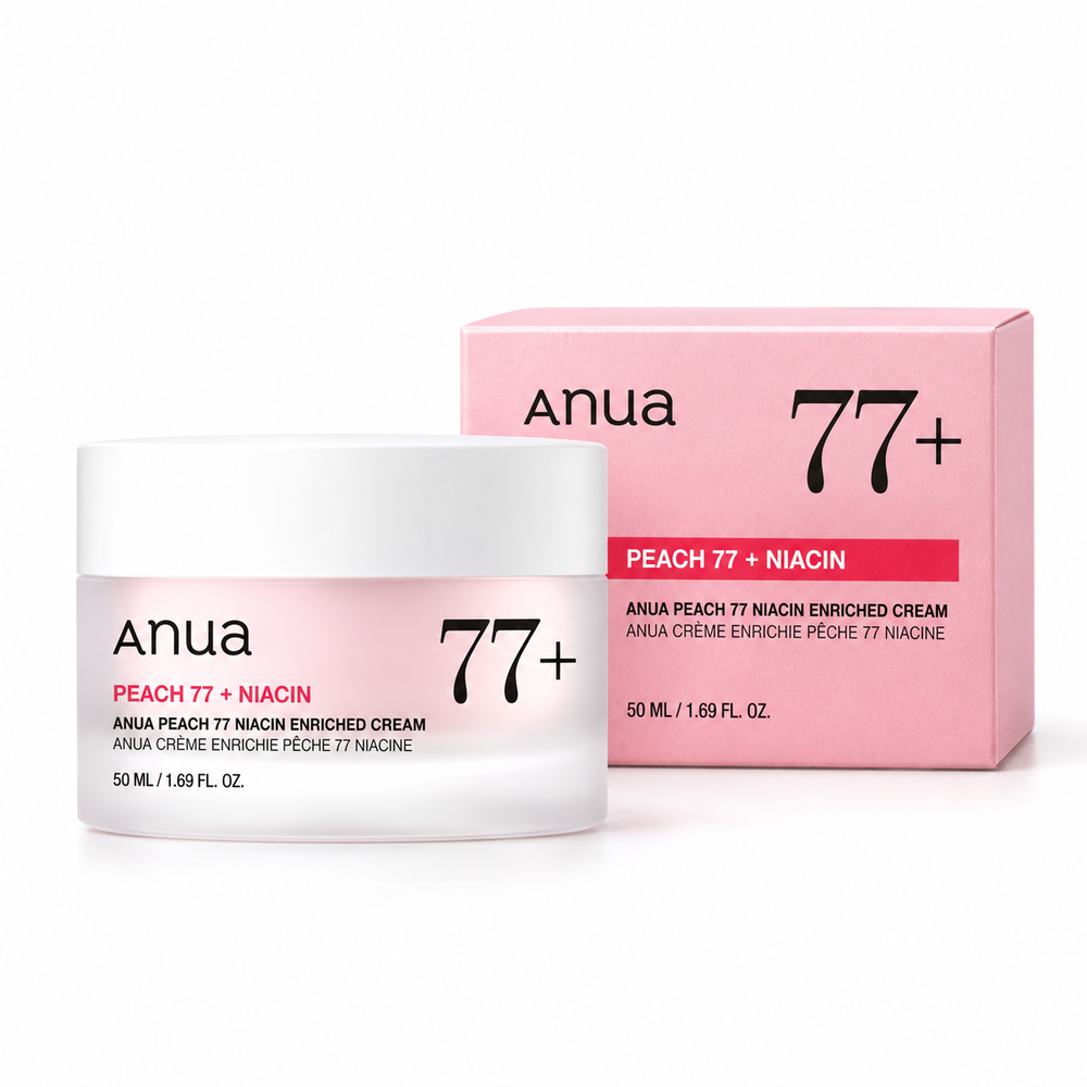Anua Peach 77 Niacin Enriched Cream 50ml jar with pink carton on white