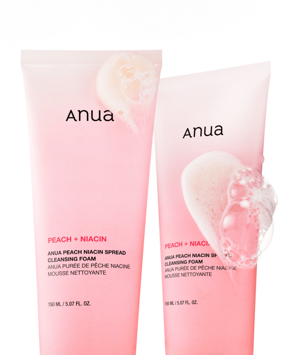 Anua Peach Niacin Spread Cleansing Foam official styling with two tubes; purchase includes one 150 ml tube