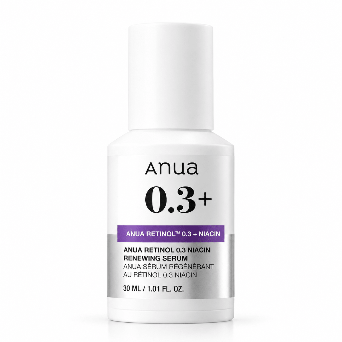 Anua Retinol 0.3 Niacin Renewing Serum 30ml bottle on white