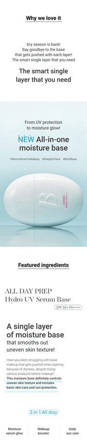 Banila Co All Day Prep Hydro UV Serum Base SPF50+ PA++++ 35mL — Hydro UV serum base introduction and moisture-base overview