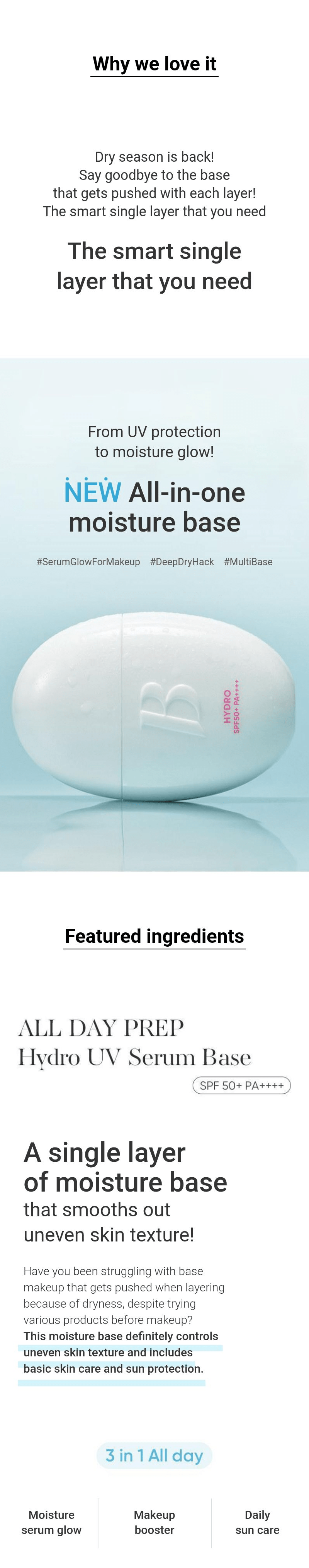 Banila Co All Day Prep Hydro UV Serum Base SPF50+ PA++++ 35mL — Hydro UV serum base introduction and moisture-base overview