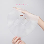 Banila Co Blooming Youth Peach Collagen Mask 10 Sheets — Close view of the unfolded mask sheet held between two hands