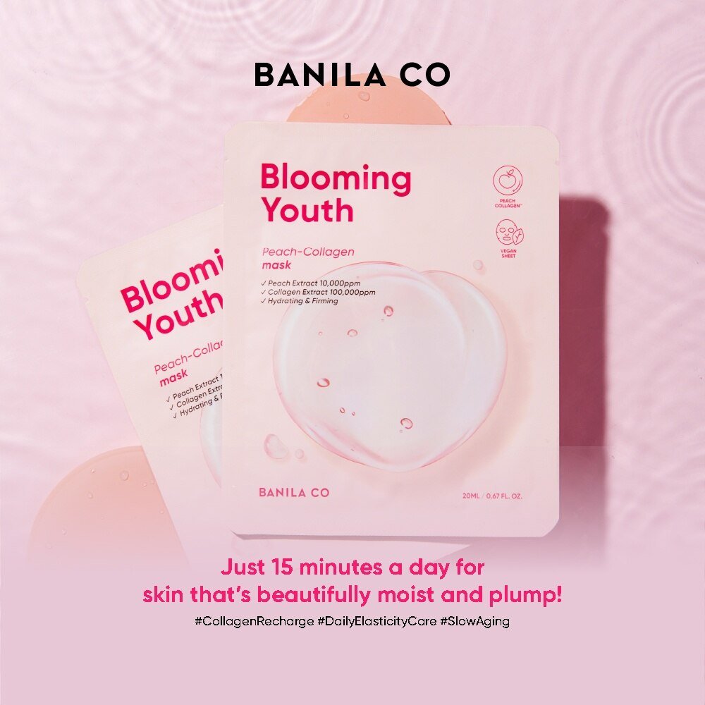 Banila Co Blooming Youth Peach Collagen Mask 10 Sheets — Peach Collagen Mask sachet and moisturizing care overview