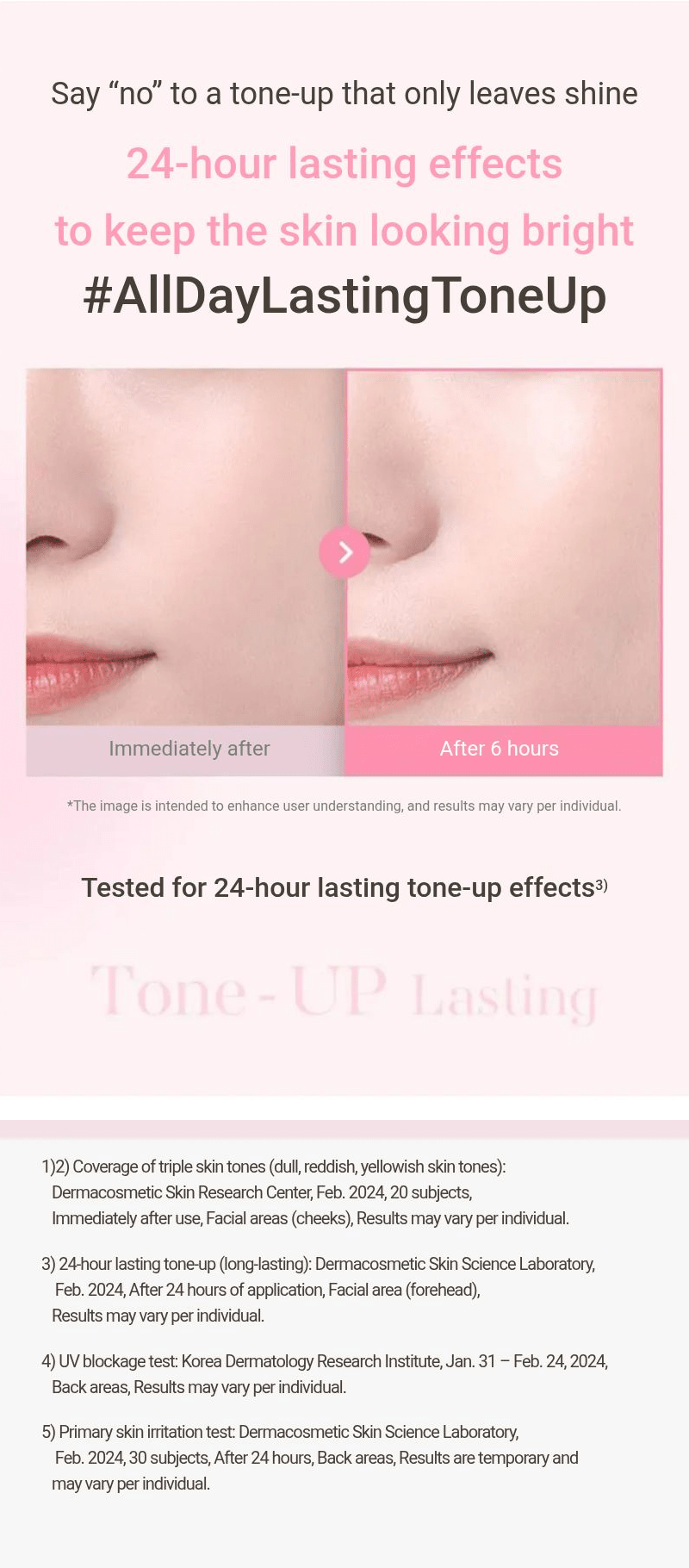 Banila Co All Day Prep Tone Up Base Cream SPF50+ PA++++ 35mL — Lasting tone-up results and study qualifications