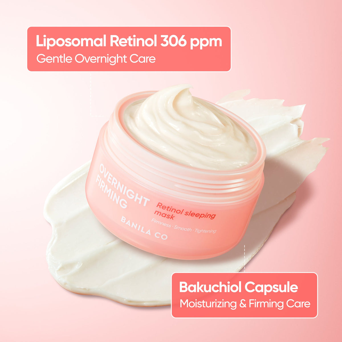 Banila Co Overnight Firming Retinol Sleeping Mask 100mL — Liposomal retinol and bakuchiol capsule highlights