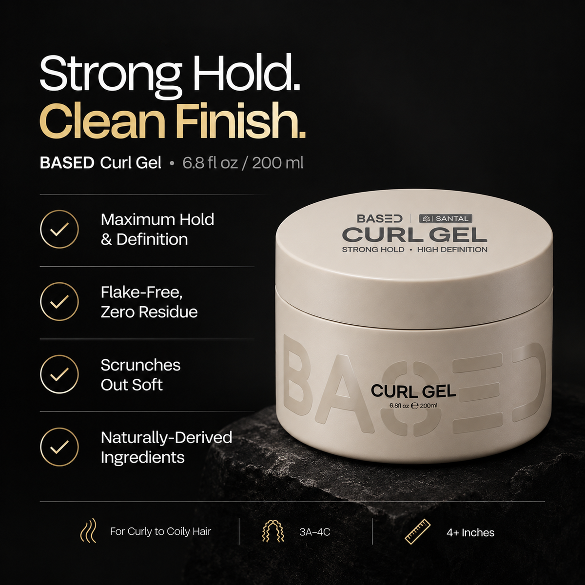 BASED Curl Gel strong hold clean finish flake free soft scrunch out and naturally derived ingredients