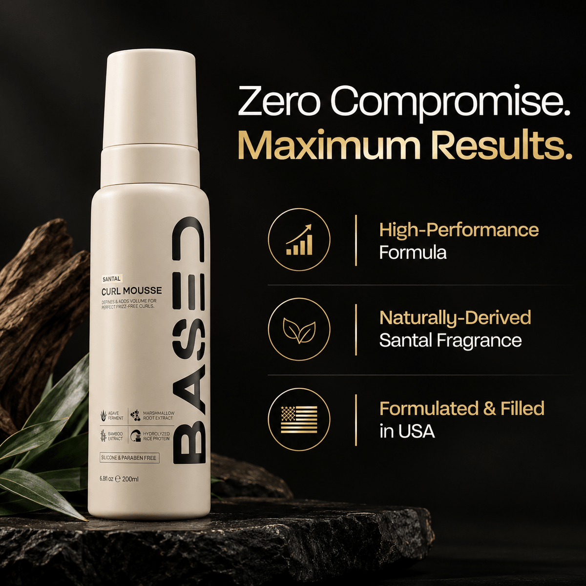 BASED Curl Mousse high performance formula naturally derived Santal fragrance formulated and filled in USA