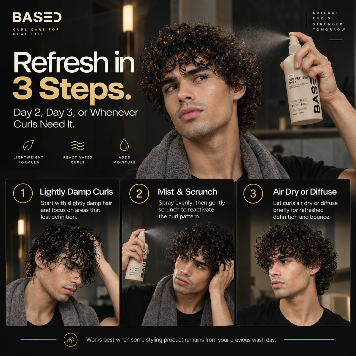 How to use BASED Curl Refresh Spray in three steps