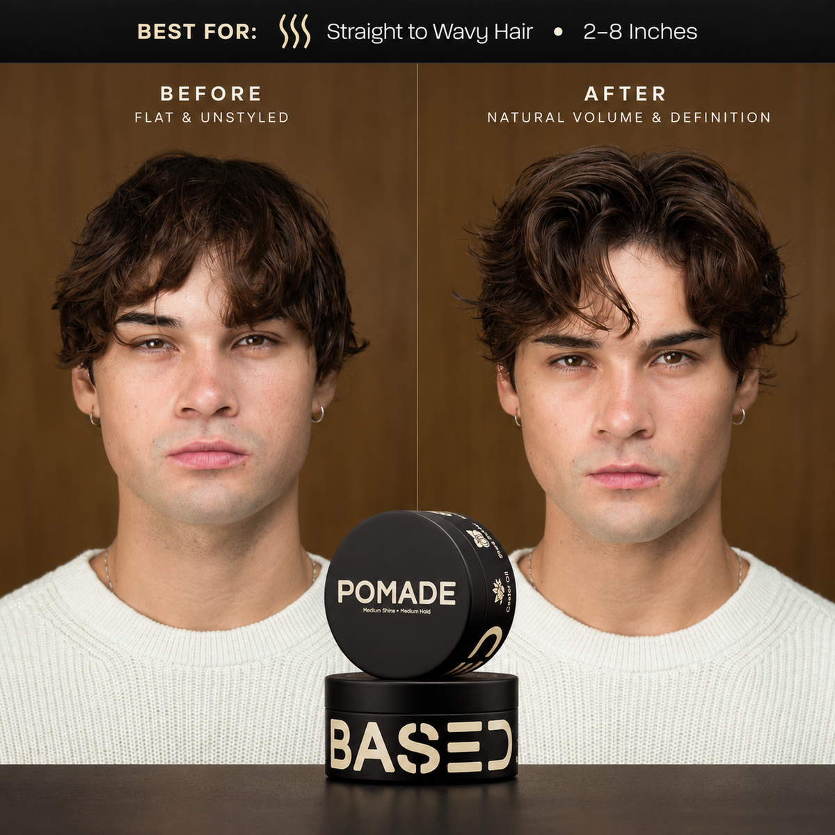 BASED Pomade before and after for straight to wavy hair