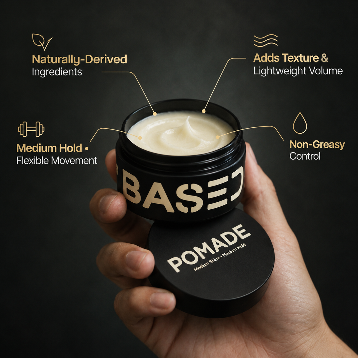 BASED Pomade naturally derived ingredients medium hold texture volume and non-greasy control