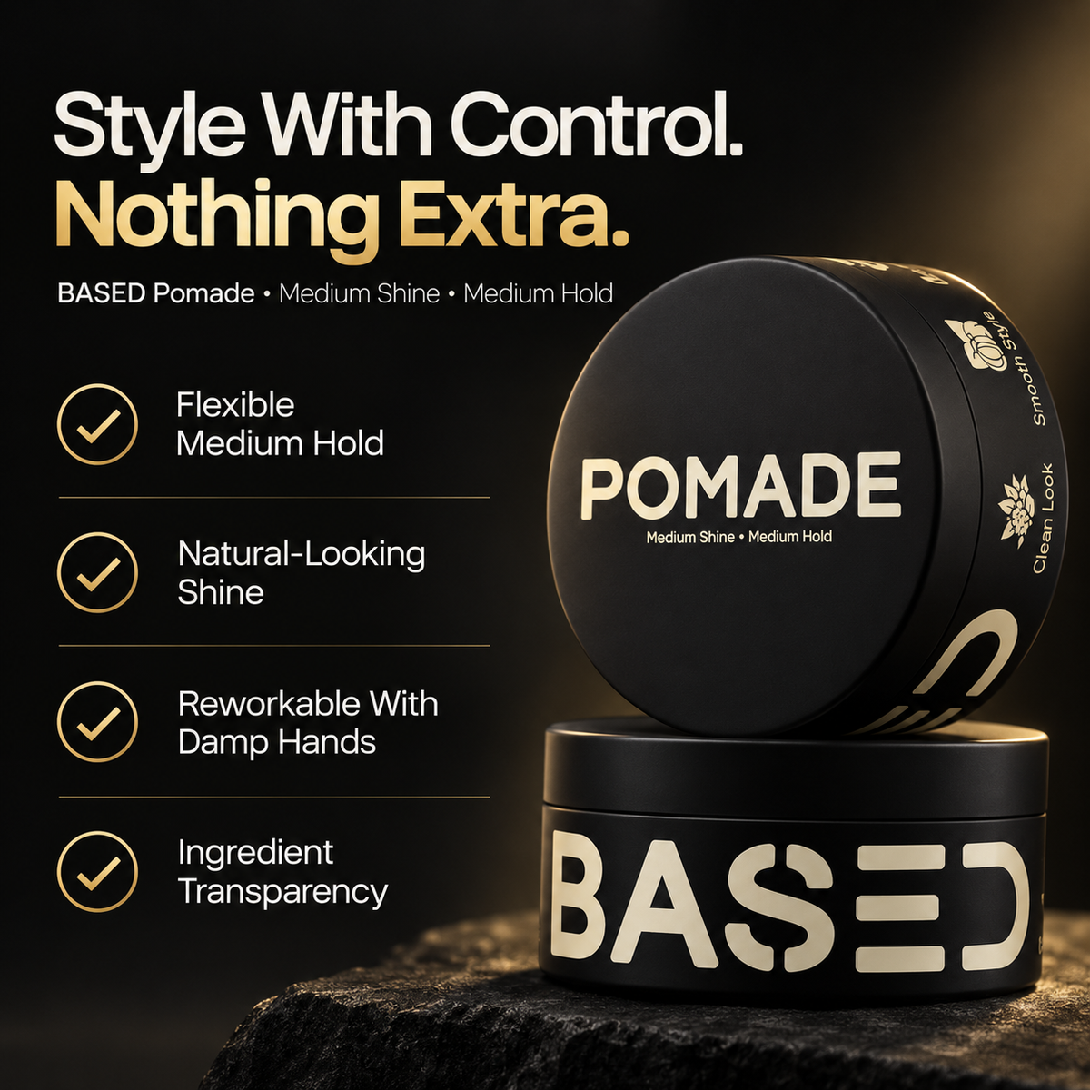 BASED Pomade medium shine medium hold reworkable and ingredient transparency