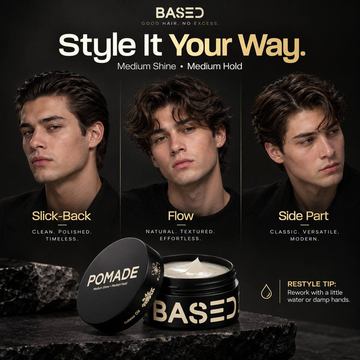 BASED Pomade slick back flow side part and restyling guide
