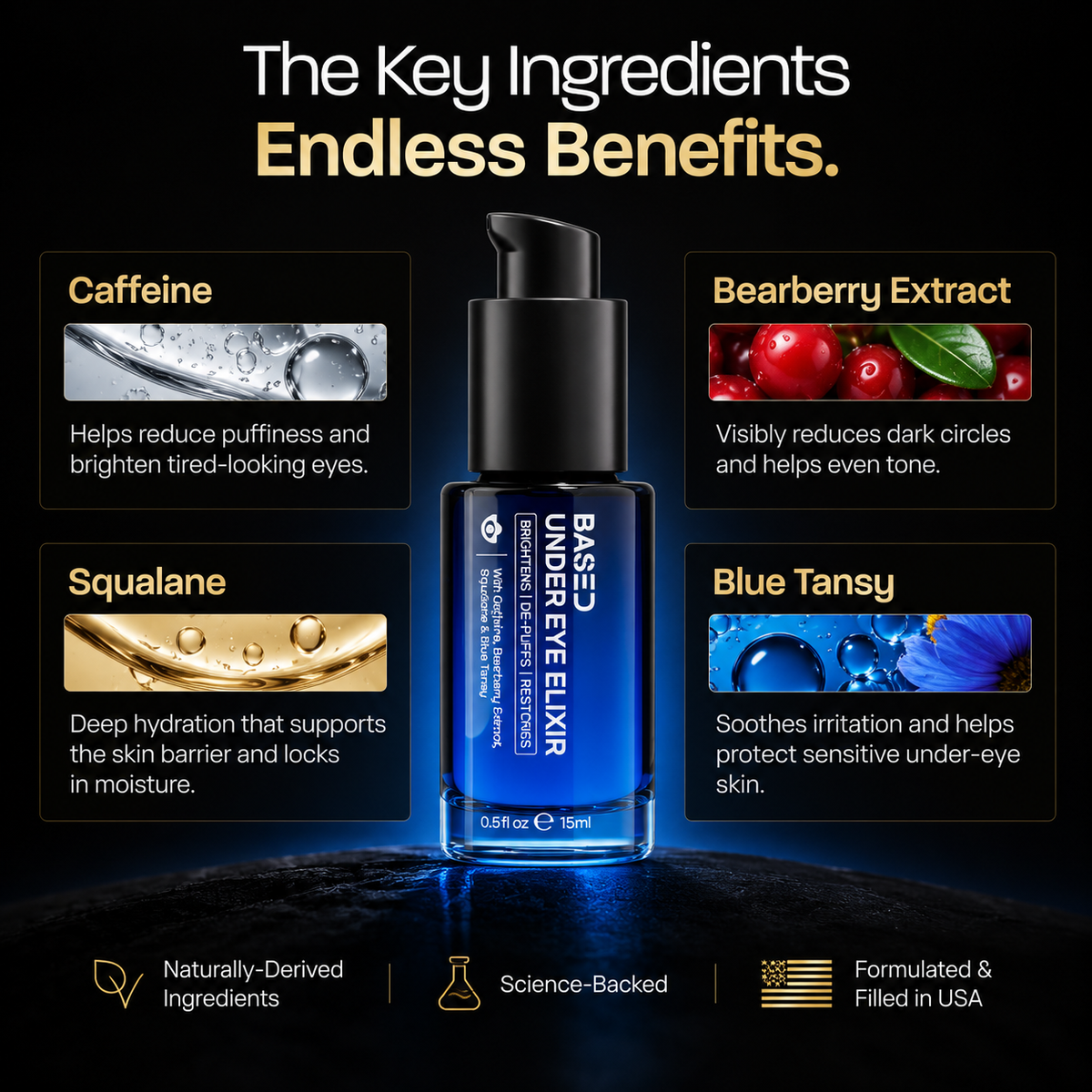 BASED Under Eye Elixir caffeine bearberry squalane and blue tansy ingredients