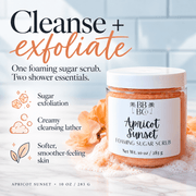 Apricot Sunset foaming sugar scrub with sugar exfoliation, creamy cleansing lather and softer smoother-feeling skin benefits