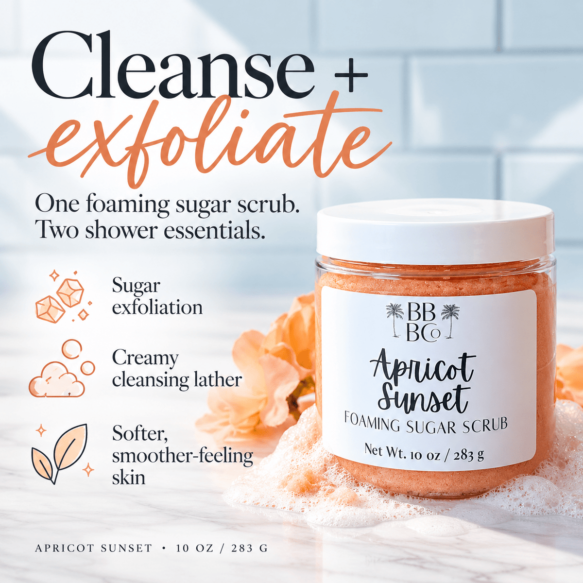 Apricot Sunset foaming sugar scrub with sugar exfoliation, creamy cleansing lather and softer smoother-feeling skin benefits