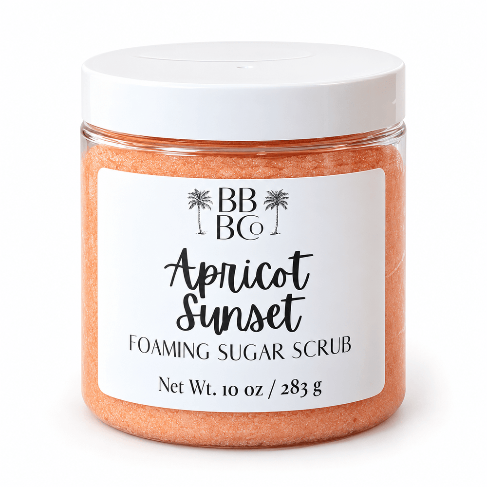 Beachy Bubbles Bath Apricot Sunset Foaming Sugar Scrub, one 10 oz jar on white