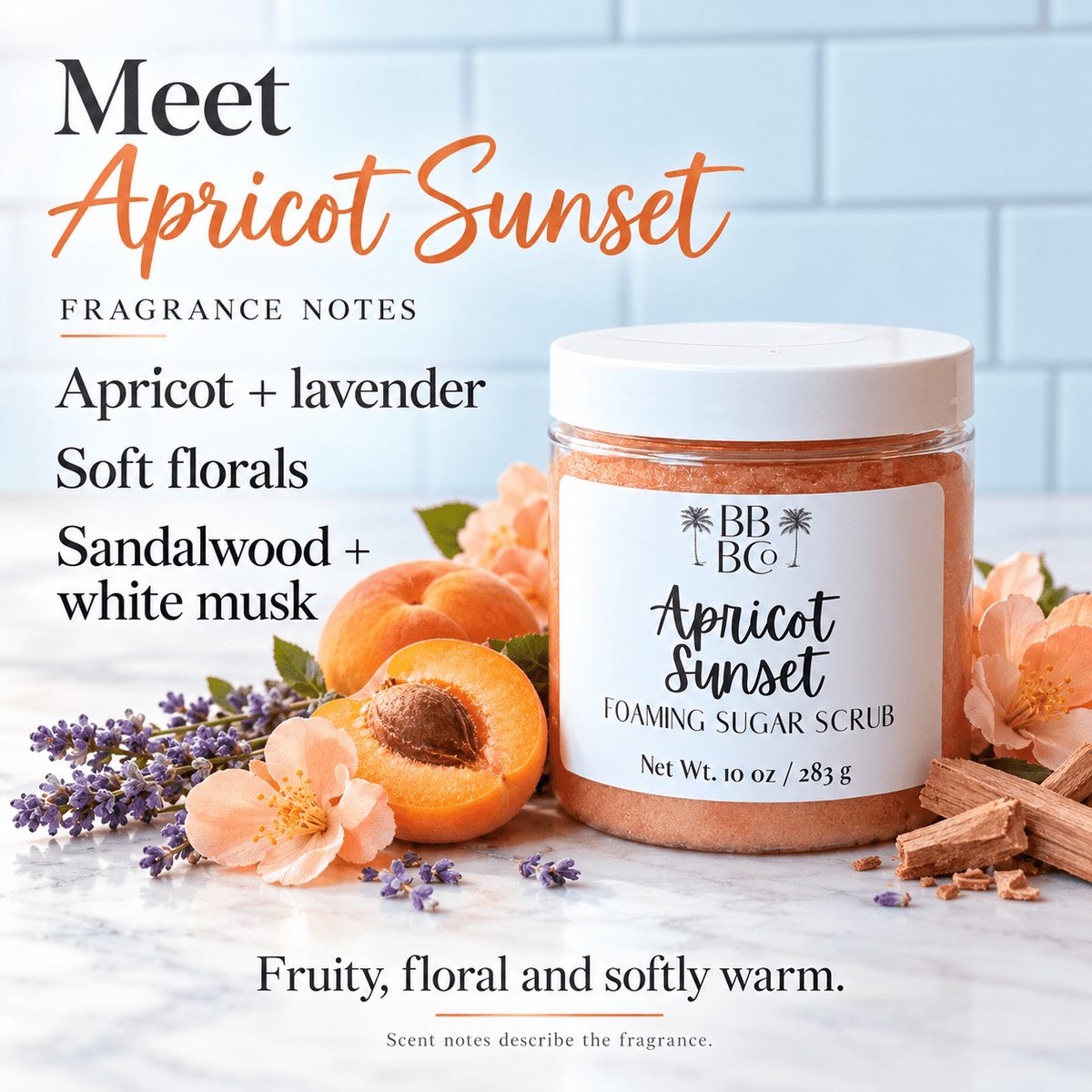Apricot Sunset fragrance notes: apricot, lavender, soft florals, sandalwood and white musk