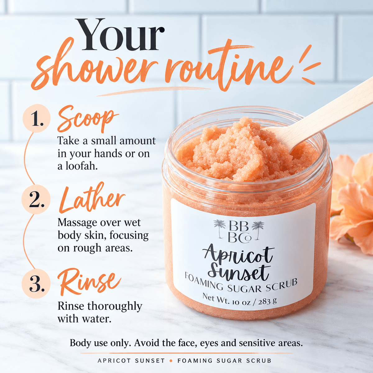 How to use Apricot Sunset sugar scrub: scoop, lather on wet body skin and rinse; avoid face, eyes and sensitive areas