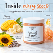 Apricot Sunset sugar scrub featuring mango seed butter, sunflower seed oil and vitamin E