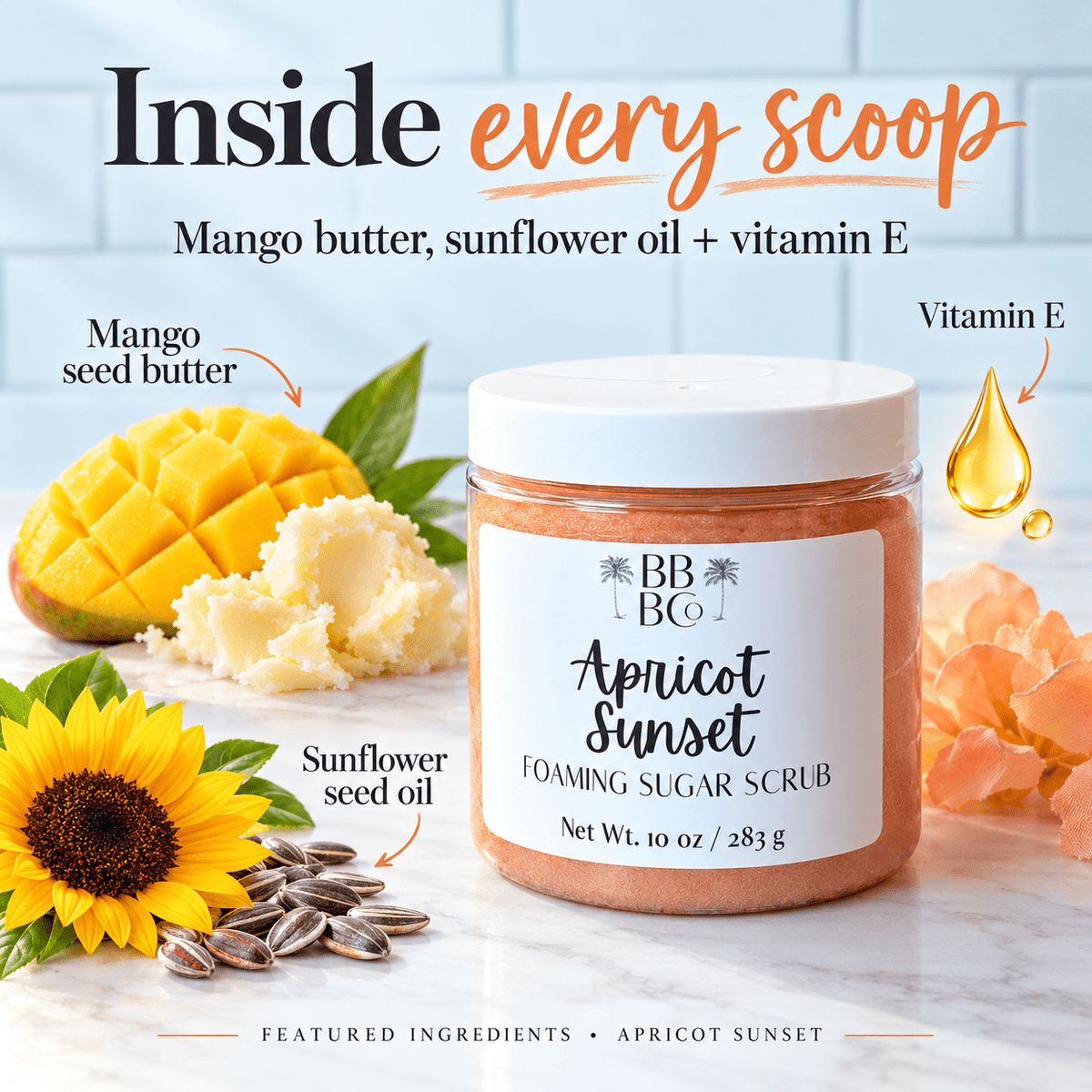 Apricot Sunset sugar scrub featuring mango seed butter, sunflower seed oil and vitamin E