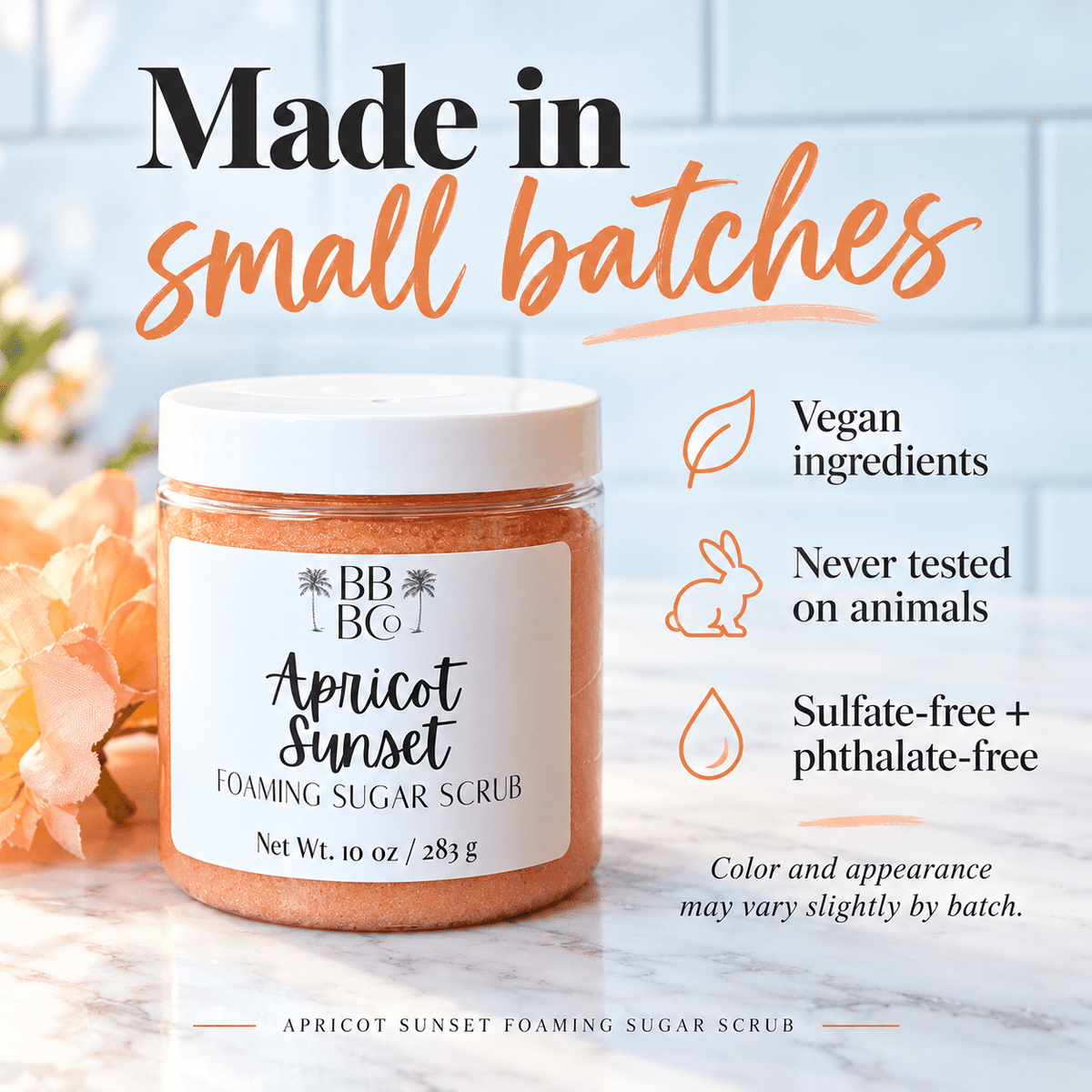 Apricot Sunset small-batch scrub with vegan ingredients, no animal testing, sulfate-free and phthalate-free formula claims