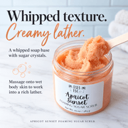 Apricot Sunset foaming sugar scrub's peach whipped sugar texture and creamy lather directions