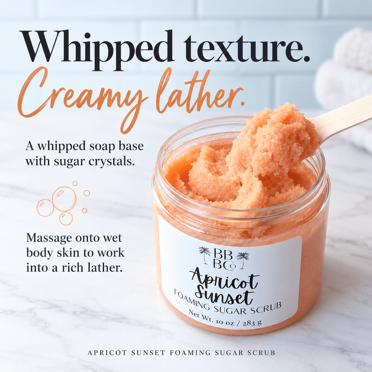 Apricot Sunset foaming sugar scrub's peach whipped sugar texture and creamy lather directions