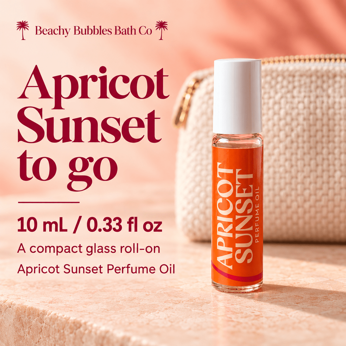 Beachy Bubbles Bath Co Apricot Sunset compact glass roll-on perfume oil, 10 mL / 0.33 fl oz, styled beside a travel pouch.