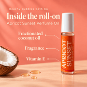 Beachy Bubbles Bath Co Apricot Sunset Perfume Oil ingredients: fractionated coconut oil, fragrance and vitamin E.